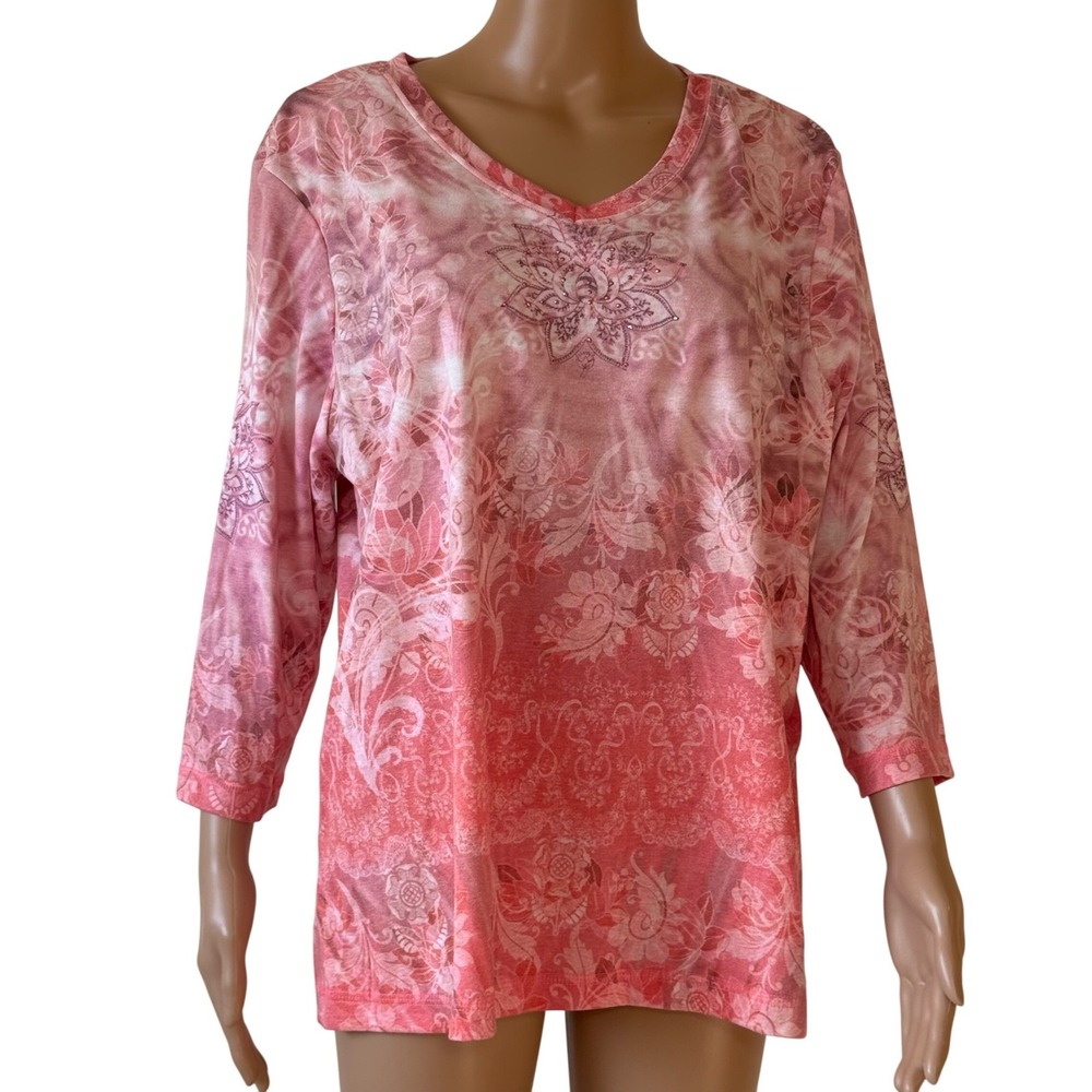 Xcit USA Women's 1X Pink Tie Dye Floral Rhinestone 3/4 Sleeve Top 6000-2326NH